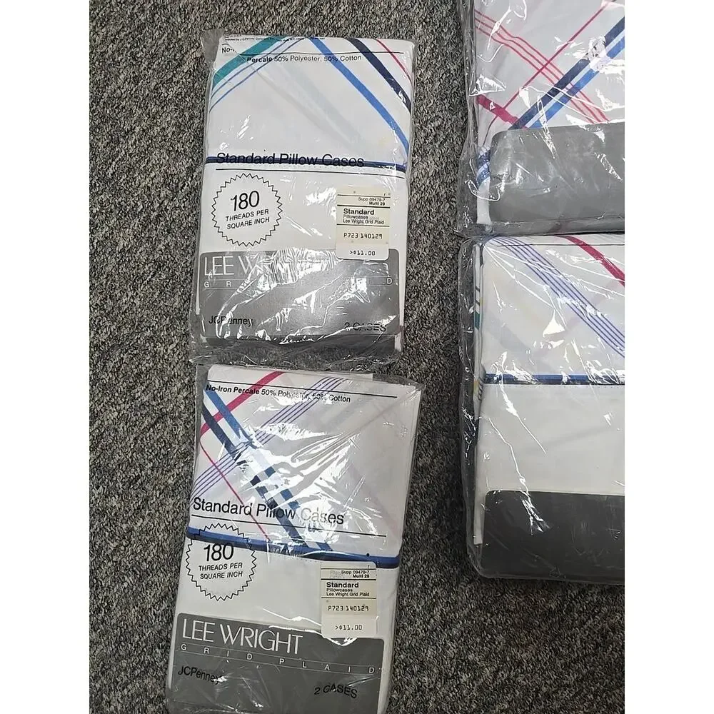 NEW Lot of 4 JC Penney Lee Wright Grid Plaid Flat Fitted Sheet & Pillowcase Set‎
